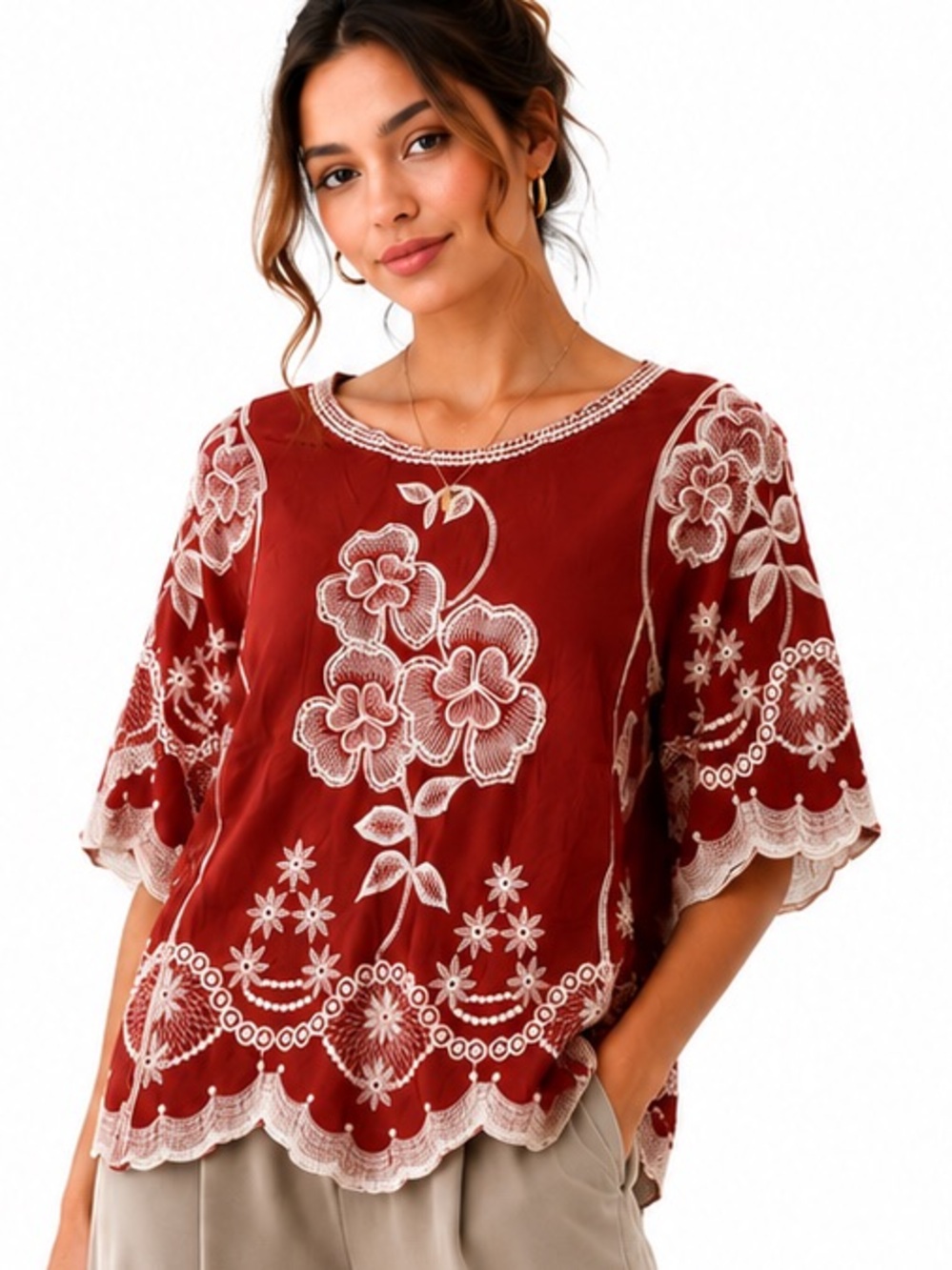 598.NWT Embroidered Floral Tie-Back Blouse - Brick Red